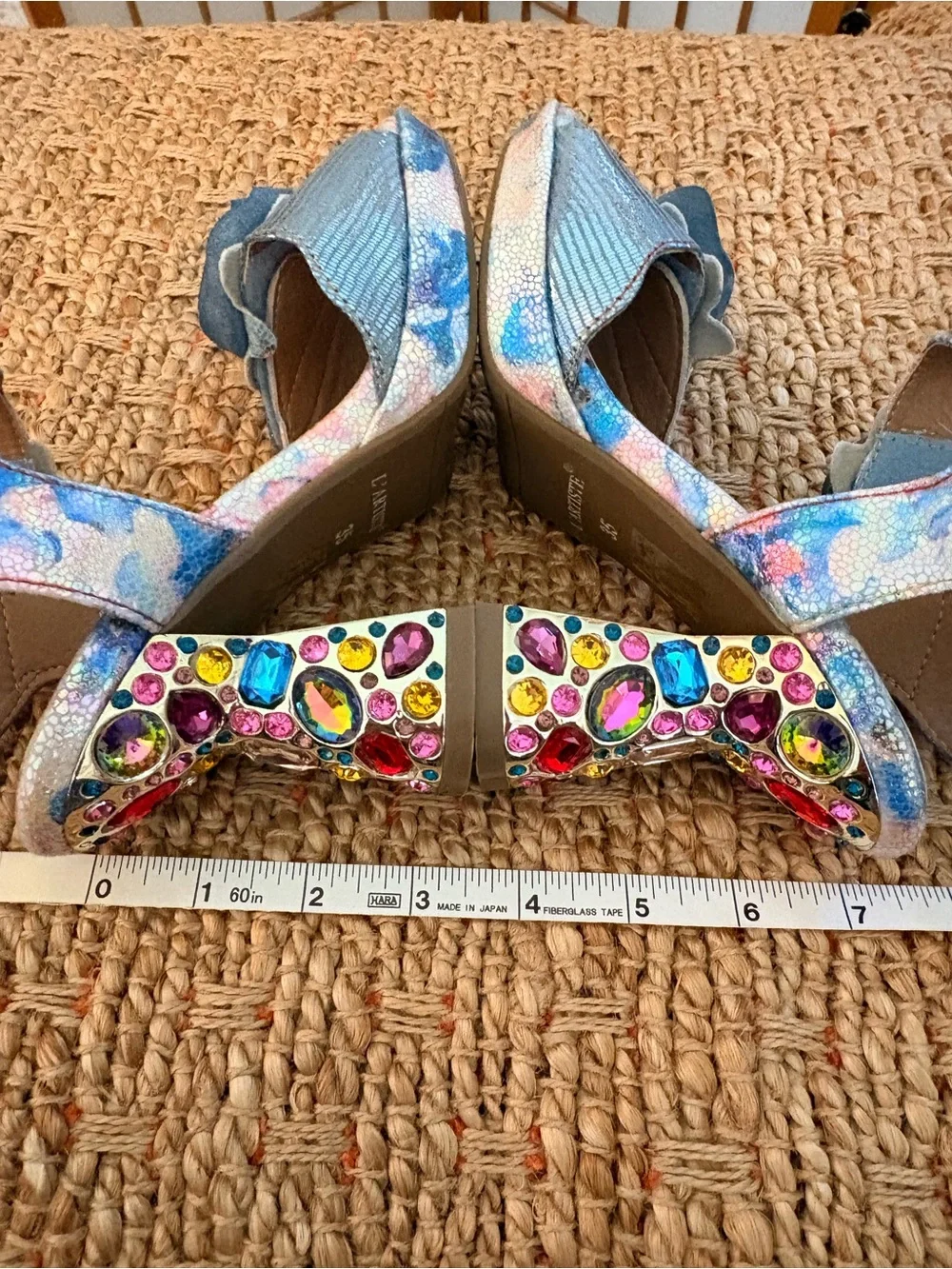 L’Artiste Iridescent Floral Appliqué Block Embellished Heels Blue-Pink Size 35